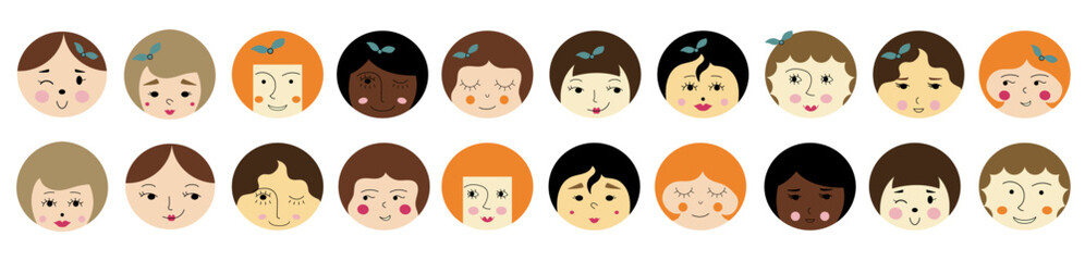 Feminine look, abstract personage, mascot design, funny face, cute icon.