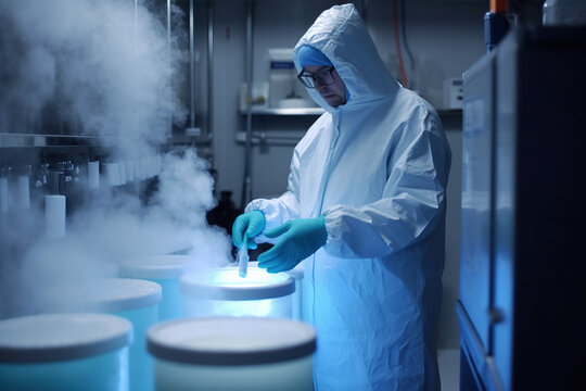 Test tube with egg donation puts in Liquid Nitrogen cryostorage, generative AI.