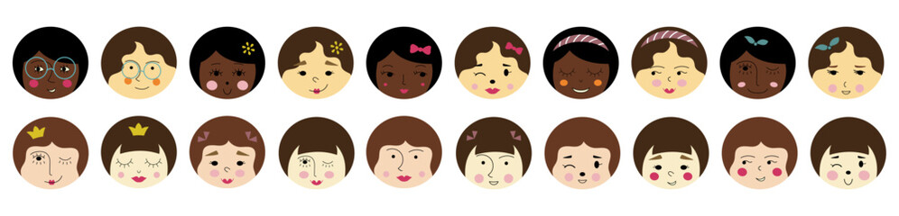 Feminine look, abstract personage, mascot design, funny face, cute icon.