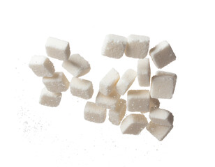 Pure Refined Sugar cube flying explosion, white crystal sugar abstract cloud fly. Pure refined sugar cubes splash stop in air, food object design. white background isolated high speed freeze motion