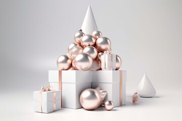 Gift box with rose gold bow ribbon, christmas tree, ornaments christmas ball with podium display stand on white background 3d rendering. 3d illustration minimal style christmas and new. Generative AI