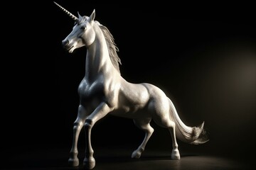 Obraz na płótnie Canvas White unicorn in a mythical pose isolated on a dark background with a clipping path. Generative AI