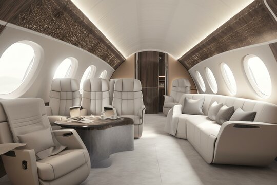 aircraft interior with elite furniture and upholstered seats. Generative AI