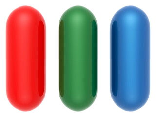 3D Red Green and Blue Pill on White Background