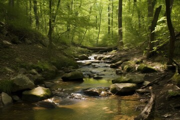 Babbling brook flows through the forest, providing a refreshing drink for wildlife. Generative AI