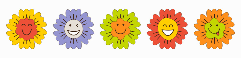 Smiling flower, abstract personage, mascot design, funny face, cute icon.