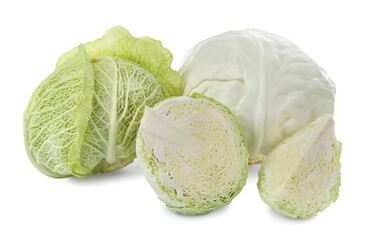 Different whole and cut types of cabbage on white background