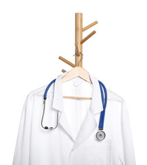 Doctor's gown and stethoscope on rack against white background. Medical uniform