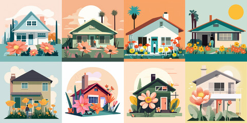 Set of cute bright houses with flowers in front created with generative AI technology