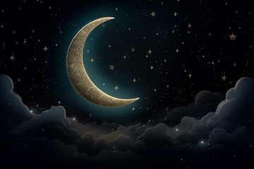 Fototapeta na wymiar ramadan, the holy month of muslims. crescent shaped moon and night cloudy and starry sky. Generated AI. Generative AI