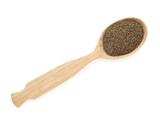 Spoon of celery seeds isolated on white, top view