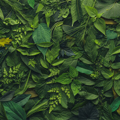 Foliage background with a variety of vibrant plant leaves showing a diverse ecosystem and the biodiversity of nature. Environmentally friendly or Earth day background.