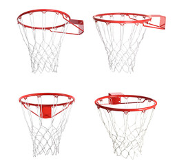 Collage of basketball hoop isolated on white, different sides © New Africa