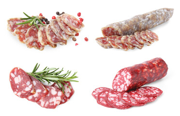 Collage with different delicious sausages on white background
