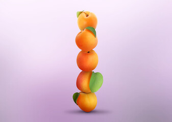 Stack of fresh ripe apricots on light violet gradient background