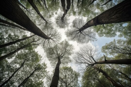 Towering trees stretch up to the sky, their branches reaching out like open arms. Generative AI