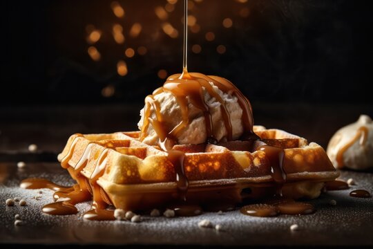 chocolate and caramel maple or honey syrup with ice cream scoop fresh baked waffles morning breakfast - Generative AI
