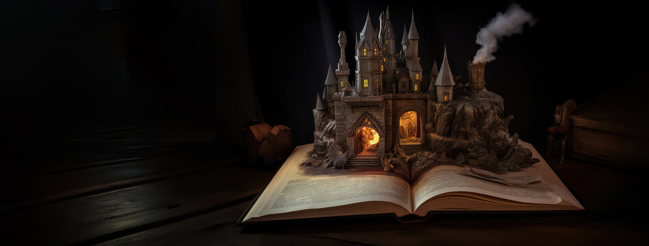 fairytale mystical open book with castle and golden sparkles wide banner design for headers with copy space area - Generative AI