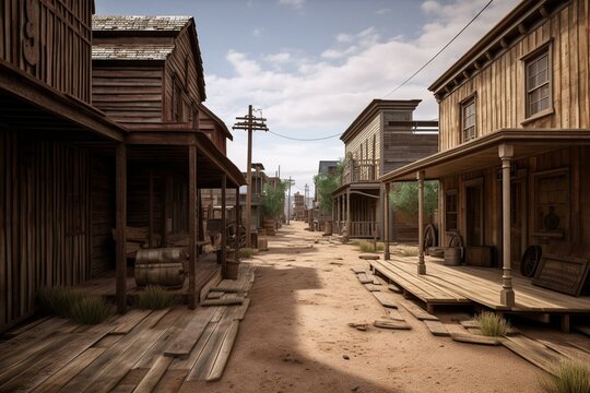 Empty dirt street in an old western town with various wooden buildings. 3D illustration. Generative AI