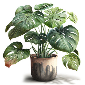 Monstra plant in a pot watercolor Generative AI