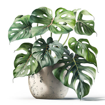 Monstra plant in a pot watercolor Generative AI