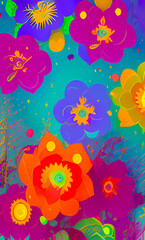 Fototapeta na wymiar Floral background. Nature healing floral background - the poster with copy space, bright flat design. AI-generated digital illustration, vertical image.