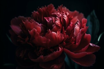 Fototapeta premium Close up of a red peony bloom on a hazy, black backdrop. Low key decoration an image of a flowering peony. a single luscious peony head with a mystery red bloom in the front. Generative AI