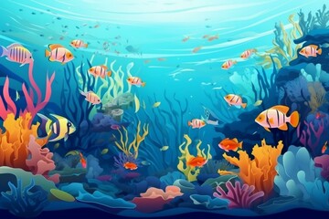 Fototapeta na wymiar illustration of colorful tropical ocean fish swimming under clean blue ocean water idea concept for environment preservation. Generative AI