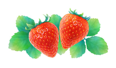 熟した赤いイチゴと葉の水彩イラスト_新鮮で甘いかわいいフルーツの背景