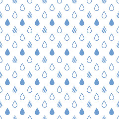 Water drops or raindrops seamless pattern. Blue droplets pattern on transparent background.