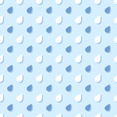 Seamless pattern of simple water drops or raindrops with shadow. Blue and white droplets with shadow on light blue background.