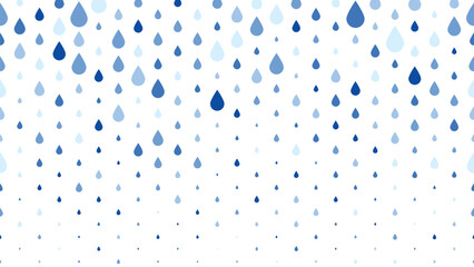 Horizontally seamless water drops or raindrops background. Blue droplets in various sizes on transparent background.