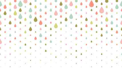 Horizontally seamless water drops or raindrops background. Colorful droplets in various sizes on transparent background.