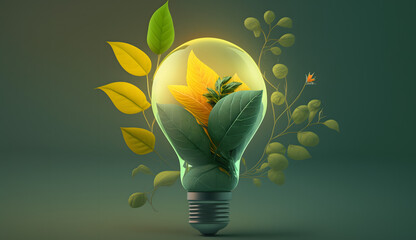 Light bulb with leaves and flowers inside it, Generative Ai