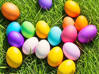 Colorful Easter eggs on green grass background with copyspace. Generative AI.