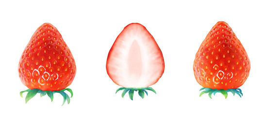 熟した赤いイチゴの水彩イラストセット_新鮮で甘いかわいいフルーツ