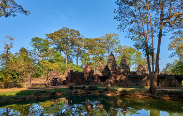 Fototapeta na wymiar Prasat Banteay Srei Khmer temple at Angkor Thom is popular tourist attraction, Angkor Wat Archaeological Park in Siem Reap, Cambodia UNESCO World Heritage Site
