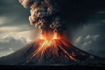 exploding volcano at night created with Generative AI technology - obrazy, fototapety, plakaty