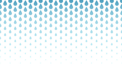 Horizontally seamless water drops pattern. Blue gradient water drops on transparent background.