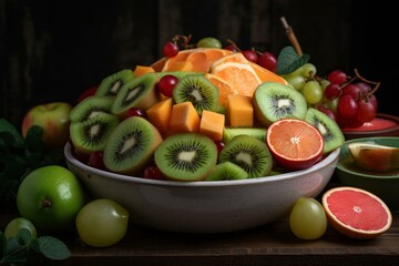Fototapeta na wymiar a watermelon with slices of oranges and kiwis on it. Generative AI