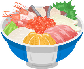 丼に入った、豪華な海鮮丼のイラスト