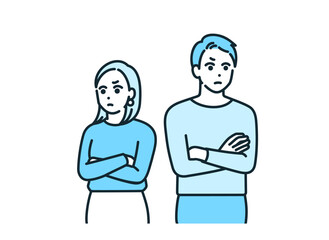 腕を組む男女。喧嘩をしているカップルのイラスト素材。