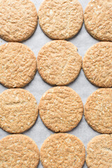 Top view of oat cookies, homemade oatmeal cookies, Top view of thin oat biscuits