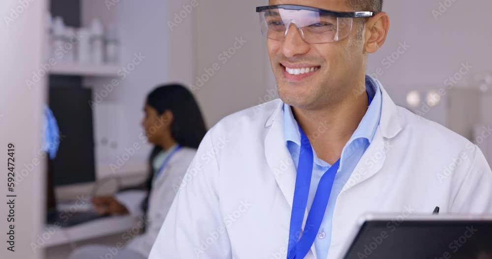 Poster Medical science, man and laboratory with computer for research for futuristic innovation and development. Professional male scientist in a lab with tablet to study for data analysis or results