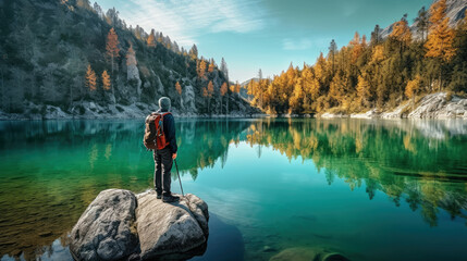 Fototapeta na wymiar an adventurer with a backpack looking out over a reflective lake by himself on a rock in the autumn season