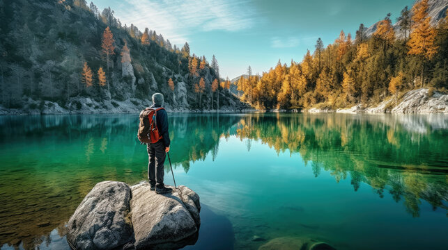 an adventurer with a backpack looking out over a reflective lake by himself on a rock in the autumn season