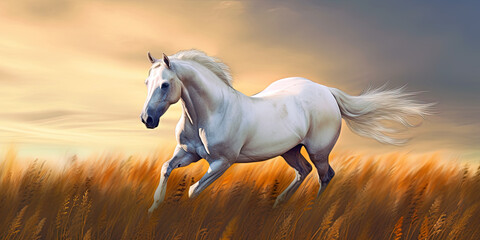 Obraz na płótnie Canvas Illustration of a wild white horse running in full gallop, AI generative