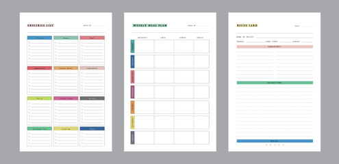 3 set of recipe card, Meal Planner and groceries list planner. Plan you food day easily. Vector illustration