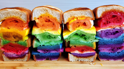 Obraz premium Rainbow grilled cheese sandwiches with melted multicolor cheese, AI generative