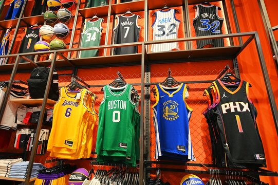 NBA basketball teams best players jerseys on display at sportswear shop Turin Italy April 13 2023